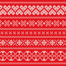 Festive Sweater Fairisle Design. Red Seamless Knitted Pattern. Fair Isle Seamless Pattern. Vintage Sweater Ornament. Christmas Knitted Ornament Set. Woolen Cloth, Handmade.