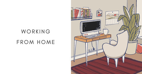 Cozy home office vector illustration. Cute interior for working from home.