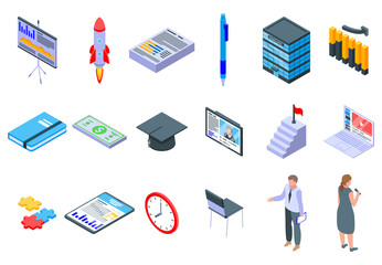 Poster - Business training icons set. Isometric set of business training vector icons for web design isolated on white background