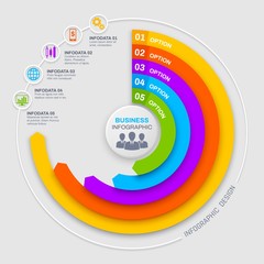 Poster - Business infographics round vector diagram, chart or graph options and elements. Infodata steps visualization diagrams and statistics. Business infographics presentation, businessman icons