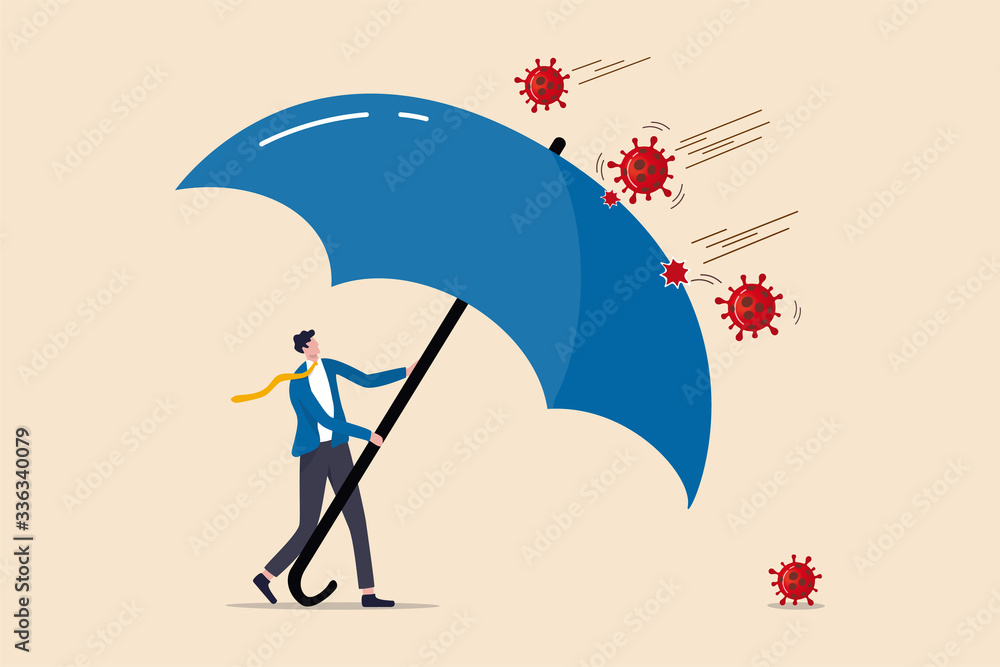 COVID-19 Coronavirus outbreak financial crisis help policy, company and business to survive concept, businessman leader stand safe by cover himself with big umbrella from COVID-19 Coronavirus pathogen - obrazy, fototapety, plakaty 