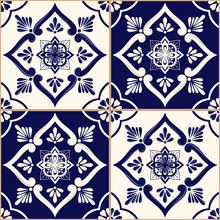 Mexican Tile Pattern Vector Seamless With Blue And White Ornament. Portuguese Azulejos, Talavera, Spanish, Sicily Majolica Or Delft Dutch Ceramic. Vintage Texture For Kitchen Wall Or Bathroom Floor.