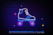 Rollers Neon Word With Roller Skate Logo. Neon Sign, Night Bright Advertisement, Colorful Signboard, Light Banner. Vector Illustration In Neon Style.