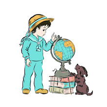 Boy With Dog Study Model Of The Globe Standing On The Stack Of Books. Schoolboy Dressed In Sailor Suit And Straw Hat. Retro Clip Art. 