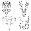 Set of four polygonal abstract animals, lion, elephant, deer and lynx. Vector illustration