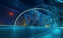 Futuristic Neon Light And Glass Facade Design Of Tunnel Flyover Road With Night Cityscape Background . Mixed Media .