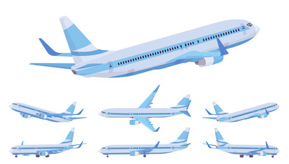 Passenger plane blue stripe set, airline aircraft for passengers. Airport business vehicle sky travel jet and holiday aviation tourism. Vector flat style cartoon illustration, different views