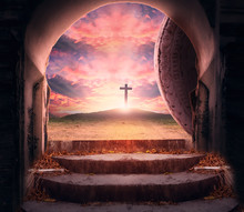 Easter Sunday Concept: Tomb Empty With Cross On Sunset Background