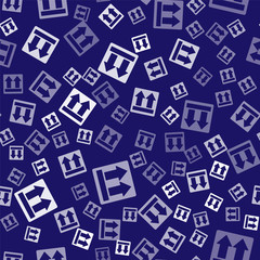 White This side up icon isolated seamless pattern on blue background. Two arrows indicating top side of packaging. Cargo handled. Vector Illustration