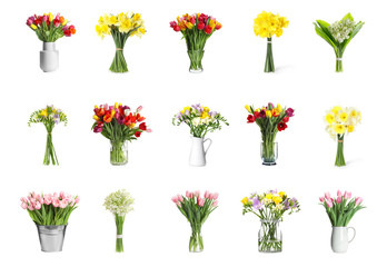 Poster - Set with beautiful flowers on white background