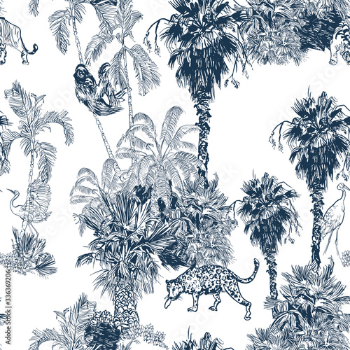 Groups of Palms with Animals and Exotic Birds Engraving Drawing, Leopard, Sloth Cranes Wildlife in Jungle, Tropics Seamless Pattern, Tropical Toile Vintage Lithorgraphy