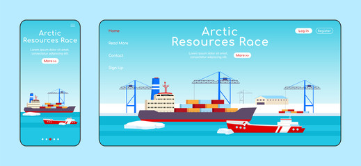 Wall Mural - Arctic resources race adaptive landing page flat color vector template. Polar shipyard mobile and PC homepage layout. Freight transportation one page website UI. Sea port webpage cross platform design