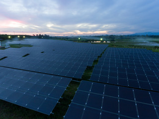 Aerial view, electric power plant Solar energy,Solar power panel on sky background, green clean Alternative power energy concept.