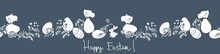 Easter Eggs, Bunnies, Flowers. Horizontal Seamless Pattern. Cute Background, Great For Easter Cards, Banner, Textiles, Wallpapers. Vector Design