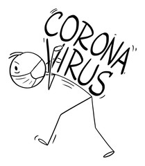 Wall Mural - Vector cartoon stick figure drawing conceptual illustration of frustrated man overloaded carrying heavy thoughts and stress of thinking about coronavirus COVID-19 epidemic infection.