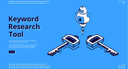 Wall Mural - keyword research tool banner with isometric icons on blue background. vector landing page of seo opt
