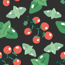 Seamless Pattern With Hand Drawn Green Basil Leaves & Cherry Tomatoes. Doodle Style Herbs &  Vegetables Isolated On Gray Background. Repeating Texture For Vegetarian, Vegan Food Wrapping, Decoration.