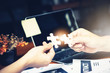 © Chan2545 - Partnership with puzzle jigsaw perfect fit match teamwork support build dream team. Join strategy together help safe solve crisis problem together in social distance business from coronavirus outbreak