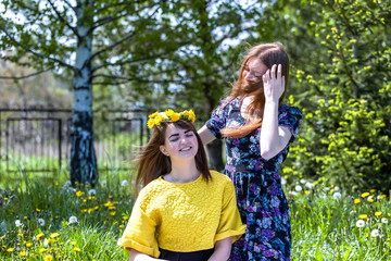 Young sisters in nature weave a wreath of dandelions. Talk and enjoy the rest. Weave flowers into the hair