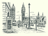 Fototapeta Londyn - London city scene with Big Ben, road, traffic, architecture, telephone booth. Hand drawn style, isolated, vector, illustration.
