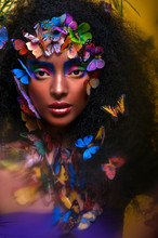 Beautiful African Girl Surrounded By Butterflies