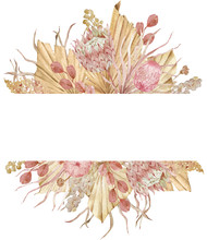 Watercolor Dried Tropical Leaves, Grass And Exotic Flowers In The Frame. Beige Template For Text.