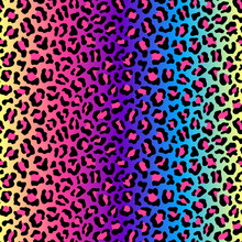 Colorful Leopard Seamless Pattern. Neon Rainbow Colored Gradient Background. Vector Wallpaper. 