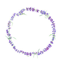 Floral Round Frame With Lavender On Isolated White Background. Design Artwork For The Poster, Tee Shirt, Wedding Invitation, Home Decor. Lavender Wreath.