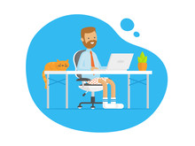 Young Man Working In Underpants/shorts From Home Vector Flat Illustration