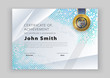 Official white certificate with blue green half tone and trianlges. Modern blank with gold emblem. Vector illustration.