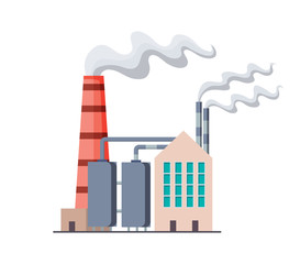 Wall Mural - Factori or power plant flat design of vector illustration. Manufactory industrial building refinery factory or Nuclear Power Station. Building big of plant or factory with pipe smoke