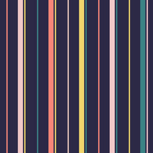 Vector Vertical Stripes Pattern. Simple Seamless Texture With Thin Straight Lines. Stylish Abstract Geometric Striped Background Design. Pink, Coral, Yellow, Teal Green Strips On Dark Blue Backdrop