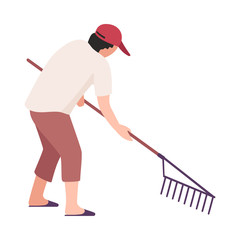 Sticker - Man Collecting Trash with Rakes, Male Volunteer Picking Garbage Outdoors, Guy Cleaning the Beach from Pollution Vector Illustration