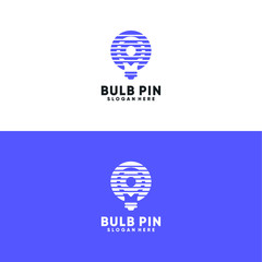 Place marker and lightbulb logo template. Point and pin with idea bulb vector design. Pointer and spot with light illustration