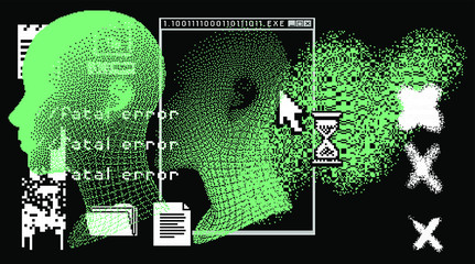 Aufkleber - Cyberpunk futuristic collage with glitch art artifacts and wireframe of a human head. Retrofuturistic 8-bit style aesthetics.