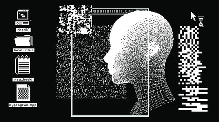 Aufkleber - Cyberpunk futuristic collage with glitch art artifacts and wireframe of a human head. Retrofuturistic 8-bit style aesthetics.