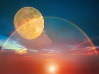 Wall Mural - full moon Starry night  moon on blue  sky at sea, rainbow sunset at  summer season , sea dark blue water  reflection ,galaxy moonlight blue   background nature 