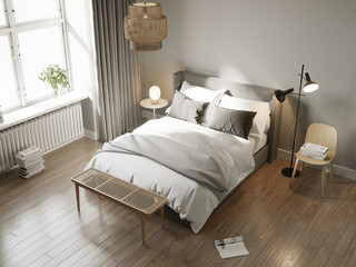 Wall Mural - 3d rendering of a grey Scandinavian bedroom with wooden stool, floor lamp, rattan ceiling lamp and many books	