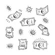Vector Set of Money. Hand Drawn doodle Euro Banknotes and Coins
