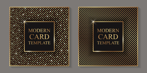 Set of two square modern geometric luxury card templates for business or presentation or greeting with golden glitter or halftone on a black background.