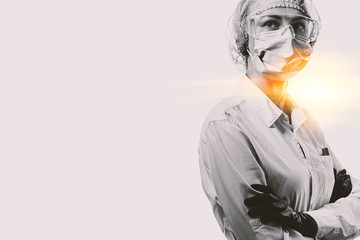 Sticker - female doctor in medical mask on the face and gloves on a white background