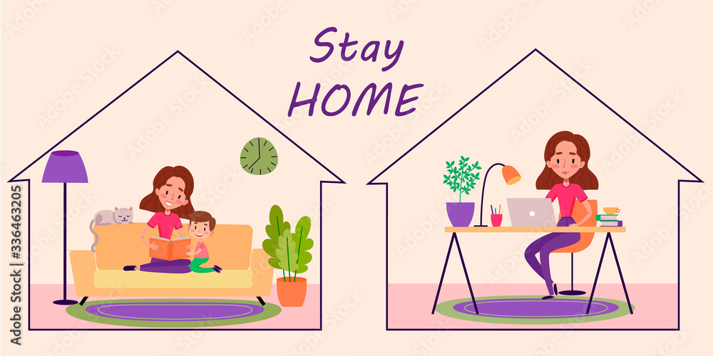 Stay home quarantine vector colorful illustration. Woman stays at home ...
