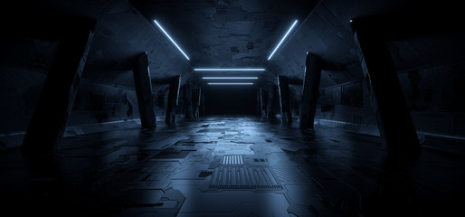 Schematic Texture Realistic Sci Fi modern Elegant Blue Glow Futuristic Corridor Tunnel Hallway Parking Dark Night Reflective Metal Realistic Background Empty Stage Podium Catwalk 3D Rendering