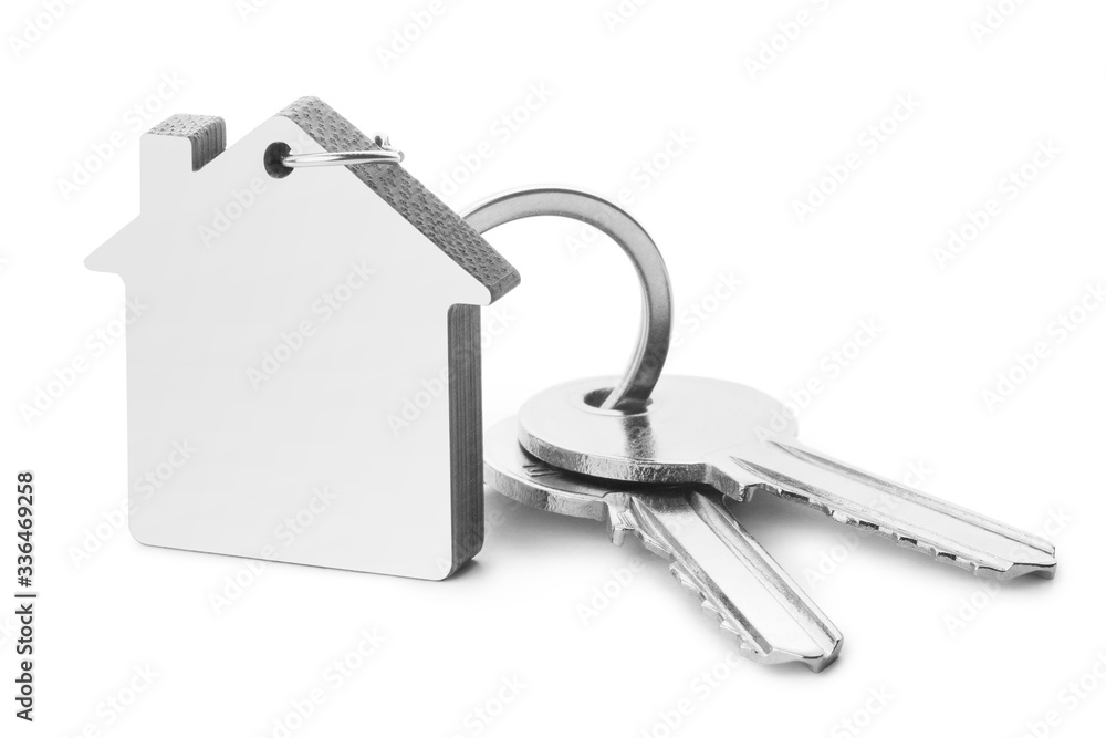 Blank house shaped keychain with two keys, isolated on white background - obrazy, fototapety, plakaty 
