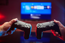 Gamer Holding Gamepad, Controller Or Videogame Joystick Console In Hands. Close Up, Game Concept