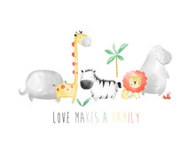 Sweet Animals Family Drawing Vector  Illustration.