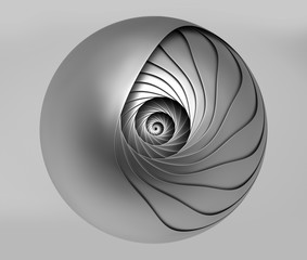 3d render of abstract black and white art of surreal monochrome metal 3d mechanical industrial cyber ball in spiral twisted structure in matte aluminium metal material on grey background