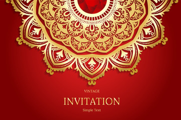 Elegant Save The Date card design. Vintage floral invitation card template. Luxury swirl mandala greeting  gold and red card