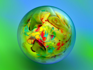 Wall Mural - 3d render of abstract art of surreal 3d glass ball with organic curve round wavy and smooth bio life inside in yellow color with red and green dots on surface on blue and green gradient background