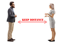 Man And Woman Talking And An Arrow Drawn Between Them With Message Keep Distance